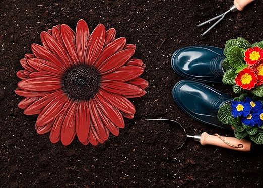 NAT & Jules Gerbera Daisy Flower Shaped Dimensional Indoor Outdoor 12 inch Cast Resin Decorative Garden Stepping Stone, Patio, Walkway Sculpture Yard Art, Red-Ruum Studio Home