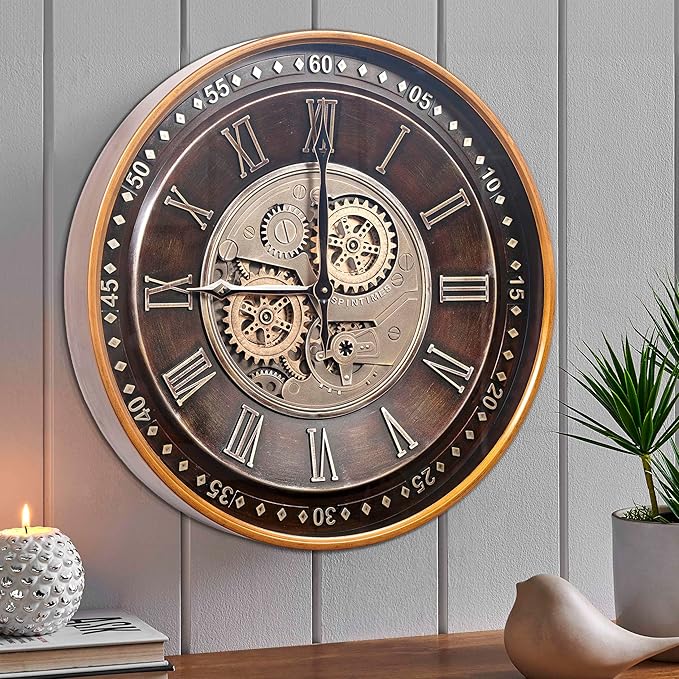 CLXEAST 24 Inch Wall Clock with Moving Gears,Oversized Large Industrial Steampunk Clock, Antique Gold Metal Roman Numeral Wall Clocks for Farmhouse Living Room Decor-Ruum Studio Home