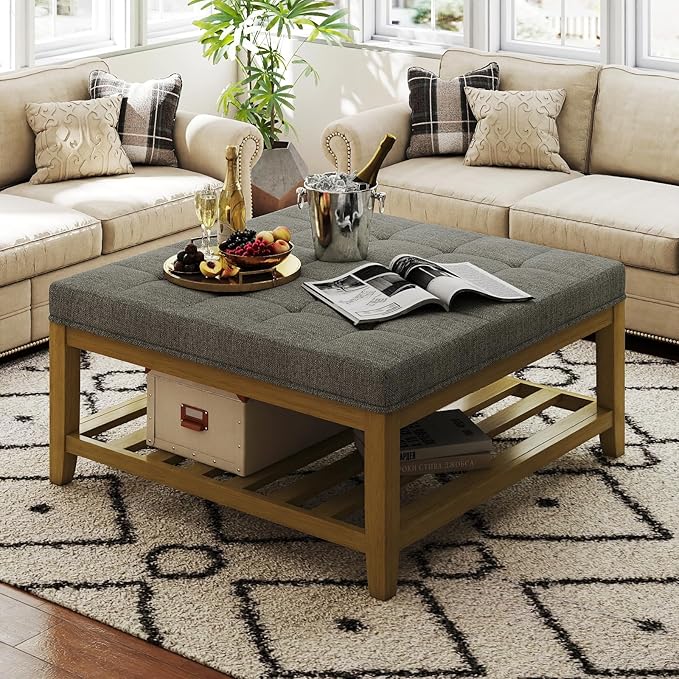 Large Square Ottoman Coffee Table, Linen Solid Upholstered Footrest Ottoman with Solid Wood Shelf Storage Tufted Coffee Table for Bedroom Living Room, Granite-Ruum Studio Home