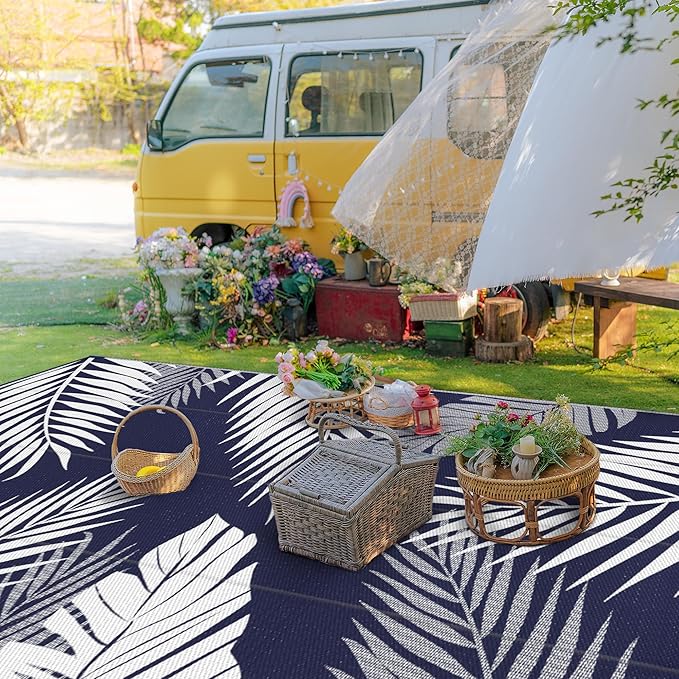 GENIMO Outdoor Rug 10' x 14' Waterproof for Patios Clearance, Reversible Outdoor Plastic Straw Camping Rug Carpet, Large Area Rugs Mats for RV, Camper, Deck, Balcony, Porch, Beach, Navy Blue&White-Ruum Studio Home