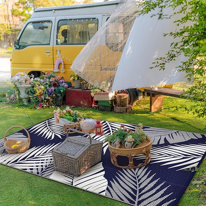 GENIMO Outdoor Rug 6' x 9' Waterproof for Patios Clearance, Reversible Outdoor Plastic Straw Camping Rug Carpet, Large Area Rugs Mats for RV, Camper, Deck, Balcony, Porch, Beach, Navy Blue&White-Ruum Studio Home