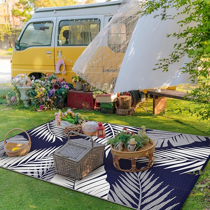 GENIMO Outdoor Rug 4' x 6' Waterproof for Patios Clearance, Reversible Outdoor Plastic Straw Camping Rug Carpet, Large Area Rugs Mats for RV, Camper, Deck, Balcony, Porch, Beach, Navy Blue&White-Ruum Studio Home