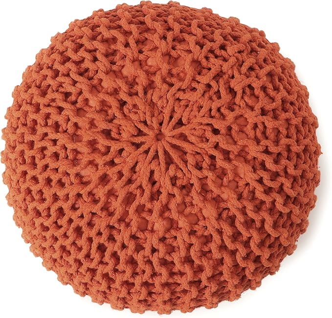 REDEARTH Round Pouf Ottoman - Hand Knitted Cable Boho Poof - Pouffe Circular Footrest for Living Room - Bedroom - Patio - 100% Cotton (19.5"x19.5"x14") - Burnt Orange-Ruum Studio Home