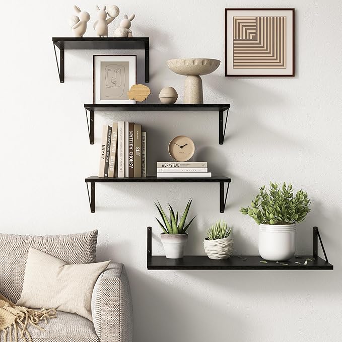 Deep Black Floating Shelves for Wall, 24"W x 10"D Wall Shelves Set of 2, 10 Inch Deep Floating Shelf with Brackets, Wide Display & Storage Shelves for Books, Living Room, Kitchen, Bathroom-Ruum Studio Home