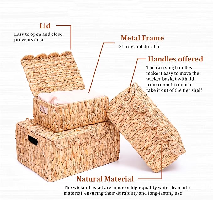 Set of 3 Scalloped Edge Wicker Basket with Lid, Rectangle Wicker Storage Basket with Built-in Handles, Multipurpose Organizer Rattan Display Boxes for Shelf, Nursery Room-Ruum Studio Home