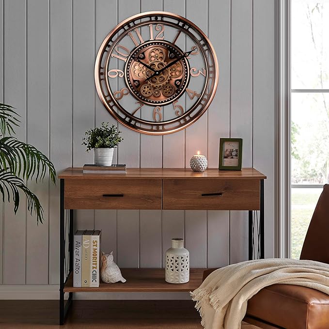 CLXEAST 21 Inch Moving Gear Wall Clock for Modern Farmhouse Living Room Decor,Large Industrial Steampunk Wall Clock for Home Office,Metal Copper Finished,House Warming Gifts New Home-Ruum Studio Home