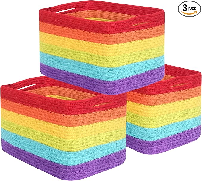 MINTWOOD Design 3-Pack Storage Baskets for Shelves, Playroom and Classroom, Book Basket, Decorative Storage Cube Bins, Woven Closet Organizers, Pantry and Shoe Organizer, Rainbow-Ruum Studio Home