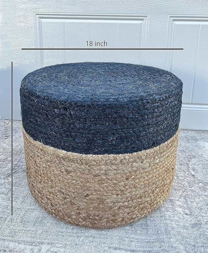 Jute Pouf Ottoman | Footrest Pouf | Hand Braided - Round Boho Pouffe - for Living Room, Bedroom, Nursery (18"x18"x12") Navy-Ruum Studio Home
