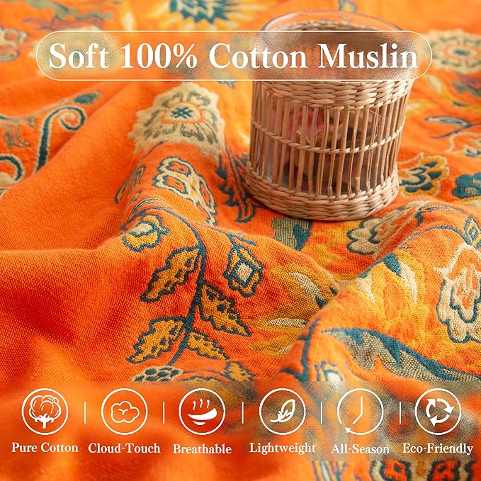 Boho Throw Blanket Full Size, Extra Large Soft Cozy Cotton Muslin Quilt Blanket for Bed Decor, Floral Patterned Couch Sofa Chair Cover, Vintage Farmhouse Cottage Woven Blanket, Orange&Green-Ruum Studio Home