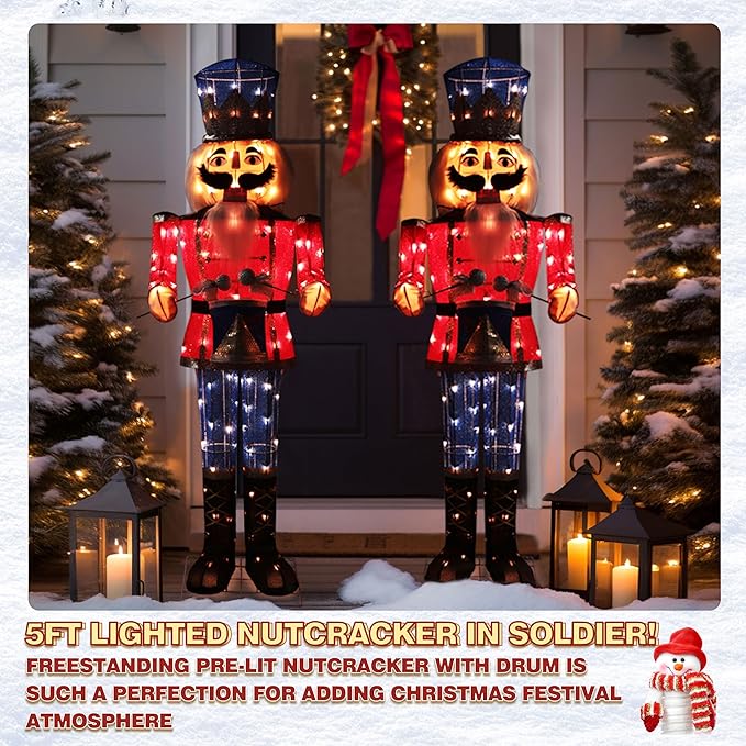 5FT Lighted Nutcracker with Drum for Christmas Decoration, Pre-Lit 3D Iridescent Soldier Xmas Decor with 100 Warm White Lights, Glittered Standing Holiday Display for Outdoor, Indoor-Ruum Studio Home