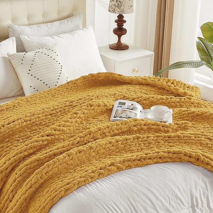 Carriediosa Chunky Knit Throw Blanket 60" X 80" Twin, 100% Hand Made Large Chenille Loop Yarn Soft Fluffy Throws for Couch Sofa Bed, Big Crochet Cozy Heavy Thick Cable Woven Blanket, Yellow-Ruum Studio Home