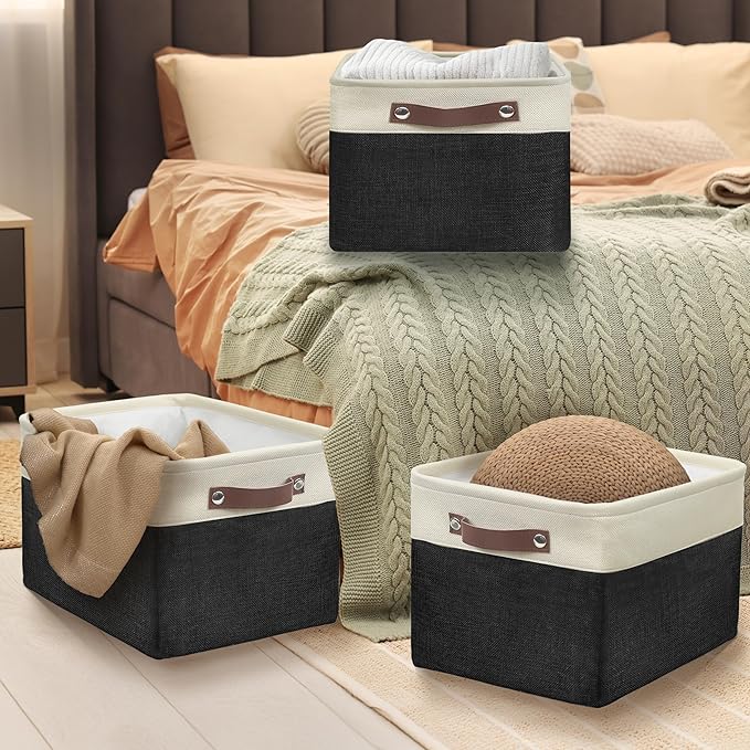 SIMPLE HOUSEWARE Large Fabric Storage Bin, 15" x 11" with Leather Like Handles, 3 Pack, Black-Ruum Studio Home