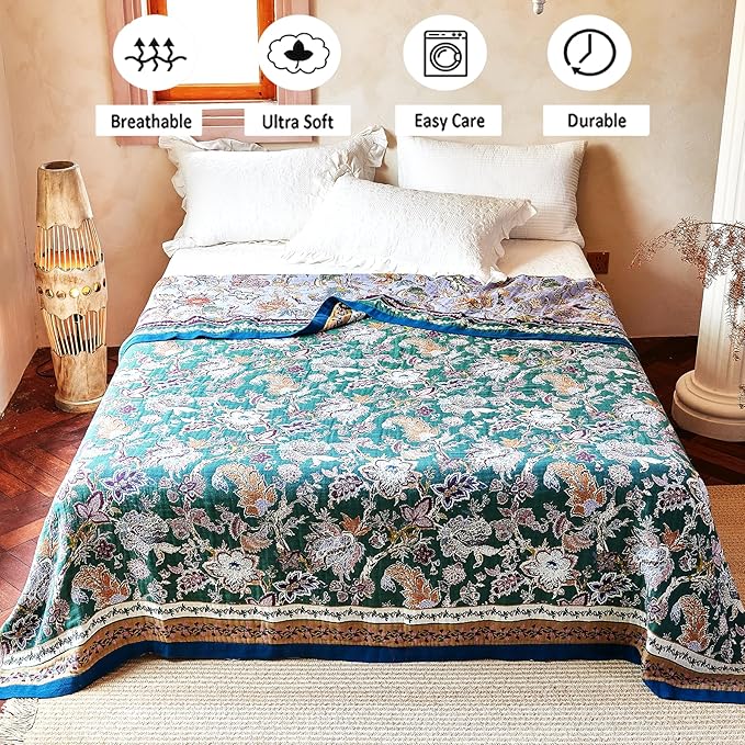 Boho Throw Blanket 80" x 90", 100% Organic Cotton Breathable Ultra Soft Bed Purple Quilt Throw - All Season Luxury Floral Farmhouse Decor Blanket for Sofa Couch Chair and Gift.-Ruum Studio Home