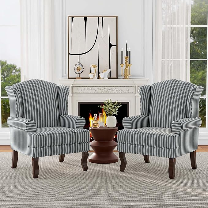 Accent Chair, High Back Upholstered Armchair with High Resilience Sponge & Wood Legs, Mid-Century Modern Comfy Single Sofa Reading Chairs for Living Room, Bedroom (Stripe Grey, Set of 1)-Ruum Studio Home
