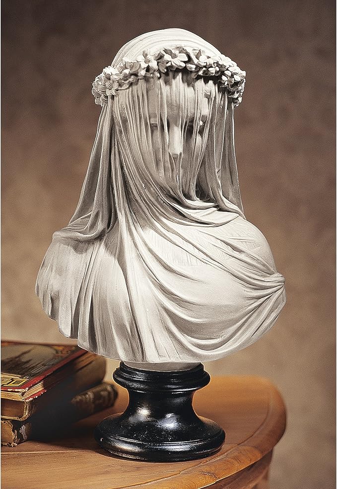 Design Toscano Veiled Maiden Indoor Bust Statue, 9 Inch Wide, 14 Inch Tall, Cast Stone Resin, Antiqued White Finish with a Black Painted Base-Ruum Studio Home
