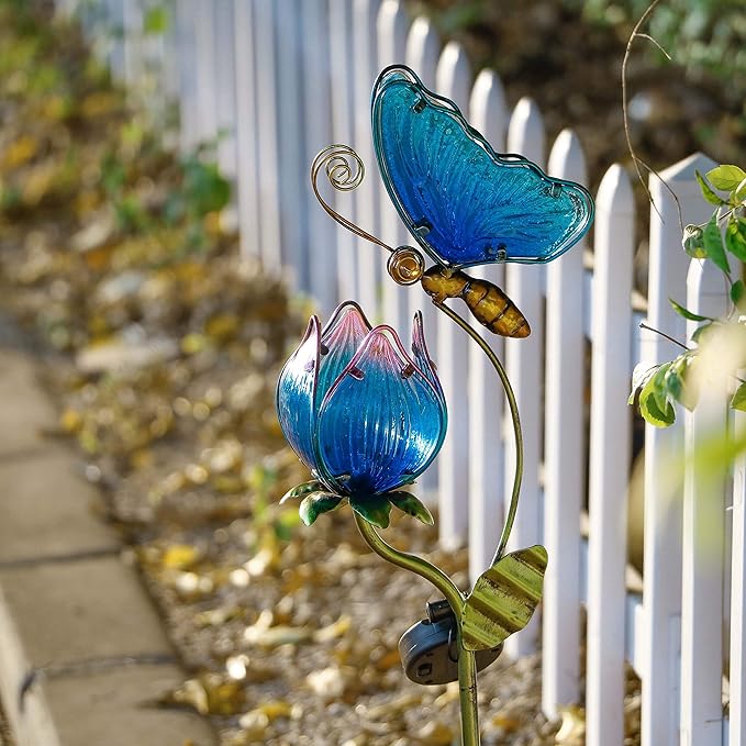 TERESA'S Collections Flower Yard Decorations Outdoor, 42'' Blue Glass Butterfly Solar Outdoor Lights Garden Decor for Outside, Metal Yard Art Garden Stake Decorative for Patio Decor,Gifts for Mom-Ruum Studio Home