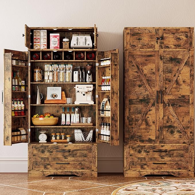 IRONCK Kitchen Pantry 72" Height, with 8 Hanging Shelves, 2 Drawers and Open Storage Cabinet, Freestanding Cupboard for Dining Room Living Room,Vintage Brown-Ruum Studio Home
