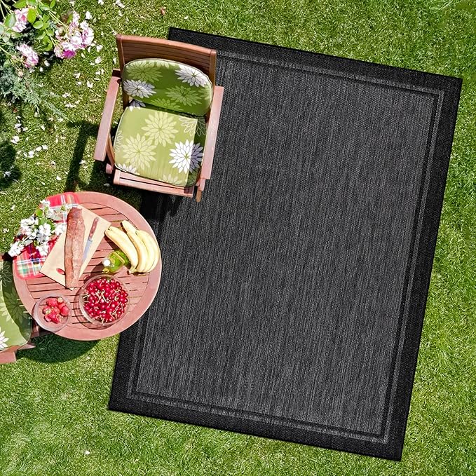 CAMILSON Indoor Outdoor Rug, 10x14 Bordered Dark Grey Black Modern Large Area Rugs for Indoor and Outdoor Patios, Kitchen and Hallway Mats, Washable Porch Deck Outside Carpet (Bordered Black, 10 x 14)-Ruum Studio Home