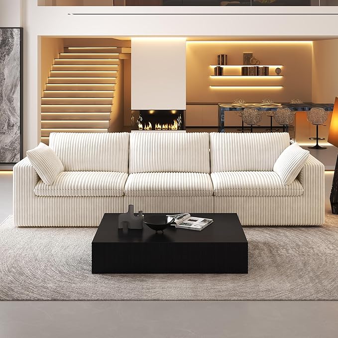 118" 3-Seater Cloud Sofa,Modular Sectional Couch,Modern Deep Seat Upholstered Couches with Plush Corduroy Fabric for Living Room Furniture,Bedroom and Apartment,No Assembly Required,White-Ruum Studio Home