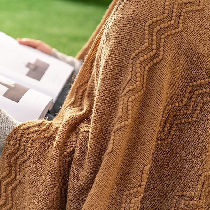 MIULEE Knitted Brown Throw Blanket for Couch,Boho Bed Decor Knit Outdoor Blankets Throw Size with Tassels Cozy Woven for Sofa Home Chair Wave Pattern 50" x 60" Inches-Ruum Studio Home