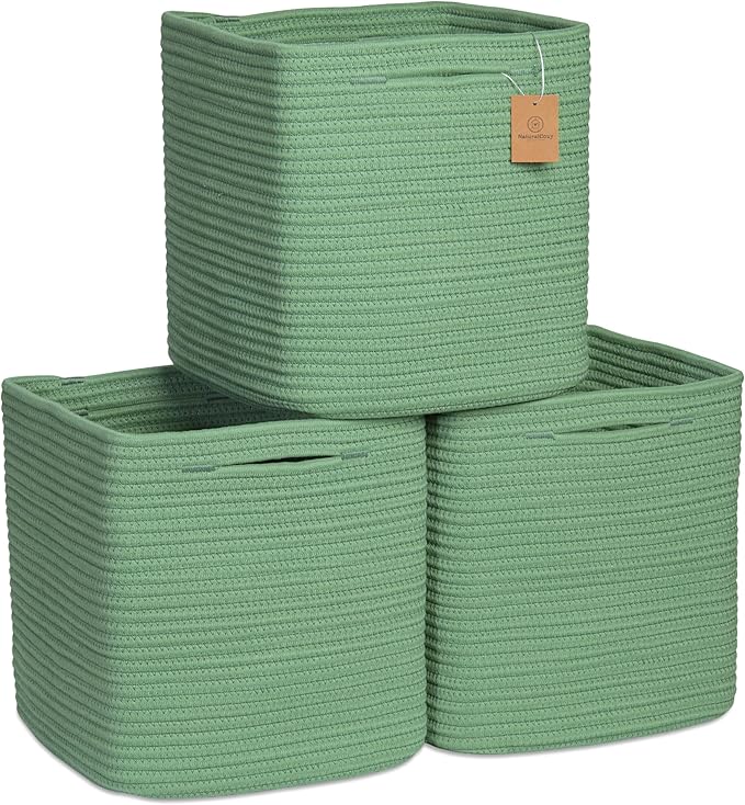 NaturalCozy Storage Cubes 11 Inch Cotton Rope Woven Baskets for Organizing, 3-Pack | Cube Storage Bin | Square Storage Baskets for Shelves Organizer, Classroom, Kids Toy Bins, Closet, Baby Nursery-Ruum Studio Home