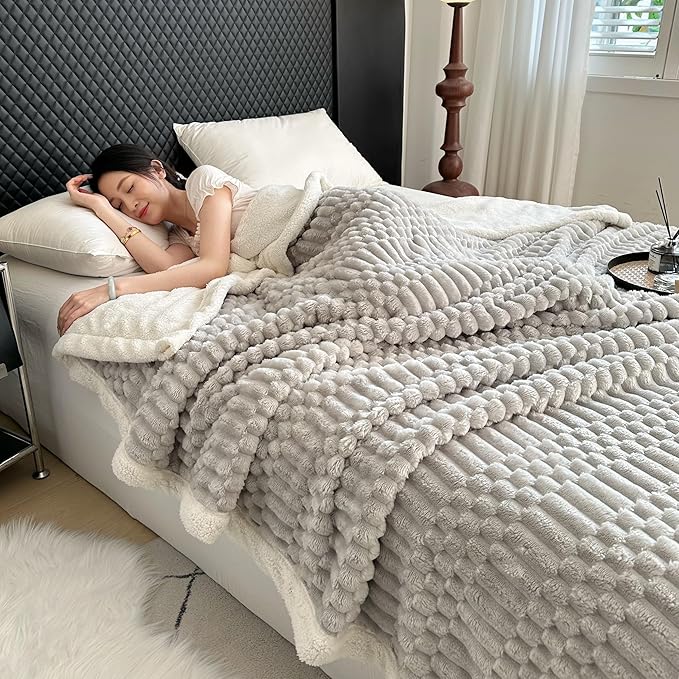 UKELER Sherpa Throw Blanket 60 × 80 inch, 470 GSM Striped Sherpa Fleece Blanket for All Season, Warm and Cozy Blankets for Couch Sofa Bed Office Camping, Silver Gray-Ruum Studio Home