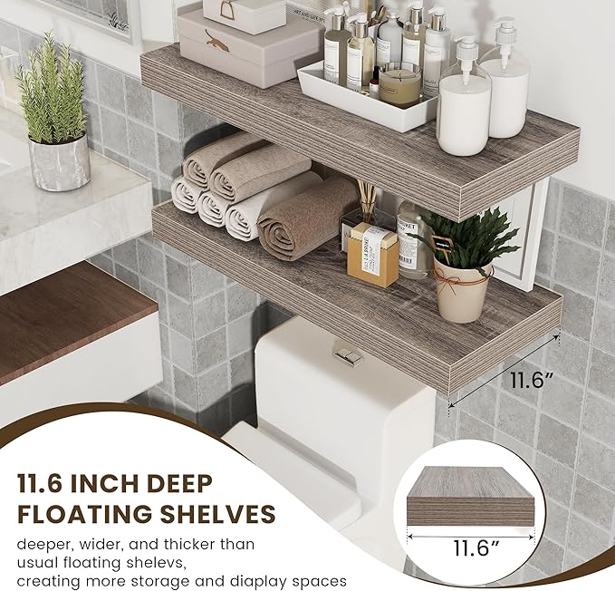 12 Inch Deep Floating Shelves for Wall | 30 Inch Floating Shelves Set of 2 | Rustic Grey Wood Shelves for Living Room Bathroom Laundry Room Bedroom Kitchen Home Office - Rustic Grey-Ruum Studio Home