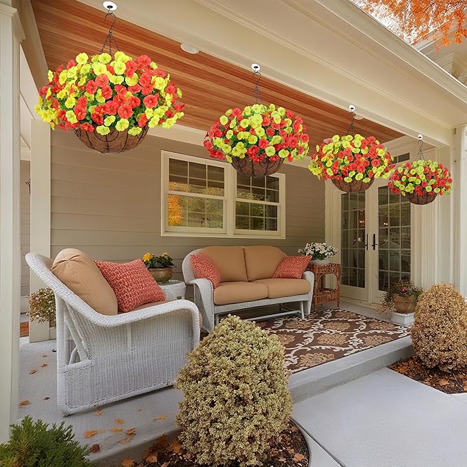 Artificial Fall Flowers Fake Hanging Plants Flowers Basket for Outdoors Autumn Decoration, Silk Morning Glory with Eucalyptus Look Real UV Resistant Faux Flowers for Outside Porch Patio Balcony, Mix-Ruum Studio Home