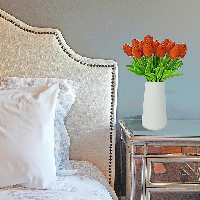 Mandy's Artificial Tulips 20 Stems Dark Orange PU Faux Flowers for Wedding Home Decor 13.5 Inch-Ruum Studio Home