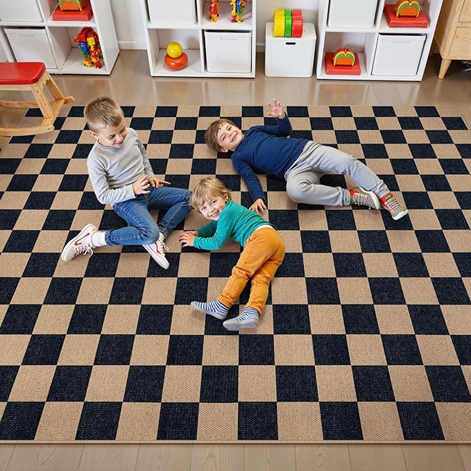 Lahome Checkered Easy Jute Carpet, Washable Area Rug 6x9 Neutral Outdoor Patio Rug, Farmhouse Checkerboard Non Slip Non Shedding Floor Carpet for Dining Living Room Deck Sunroom-Ruum Studio Home