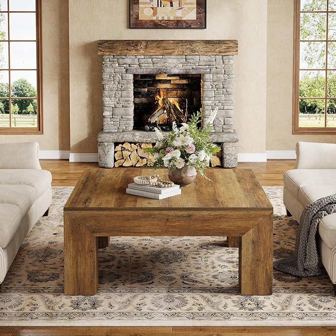 Tribesigns 39.4-Inch Square Coffee Table for Living Room, Farmhouse All MDF Accent Center Cocktail Table with Sturdy Wooden Legs, Easy Assembly, Rustic Brown-Ruum Studio Home