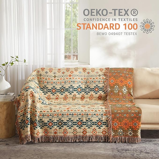 Boho Throw Blanket for Bed 80”x90”, 100% Cotton Woven Blanket for Couch Sofa, Ultra Soft 4-Layer Muslin Quilt with Diamond Pattern, Farmhouse Bed Blanket/Cover for Living Room Decor-Ruum Studio Home