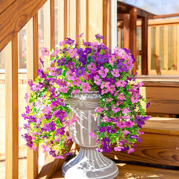 Artificial Faux Hanging Flowers Plants for Spring Outdoor Outside Decoration, 2 PCS Fake Silk Daisy with Eucalyptus UV Resistant Realistic Trailing Vines for Balcony Patio Porch (Darkpurple+Purple)-Ruum Studio Home
