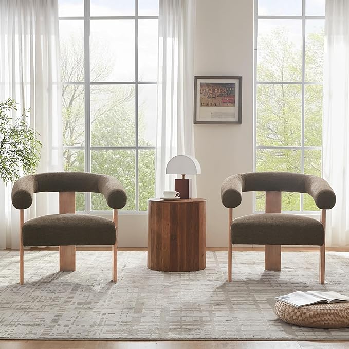 VKNOW Accent Chair Living Room Chair Set of 2, Modern Upholstered Armchair with Solid Wood Legs, Comfy Barrel Arm Chairs for Living Room Bedroom, Brown-Ruum Studio Home