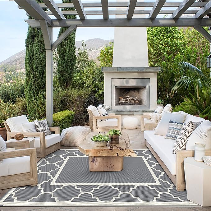 GENIMO 6' x 9' Outdoor Rug Waterproof for Patio Decor, Foldable Reversible Plastic Straw Area Rugs Mat for Camper, Outside Carpet for Rv, Deck, Porch, Picnic, Beach, Balcony, Grey & Beige White-Ruum Studio Home