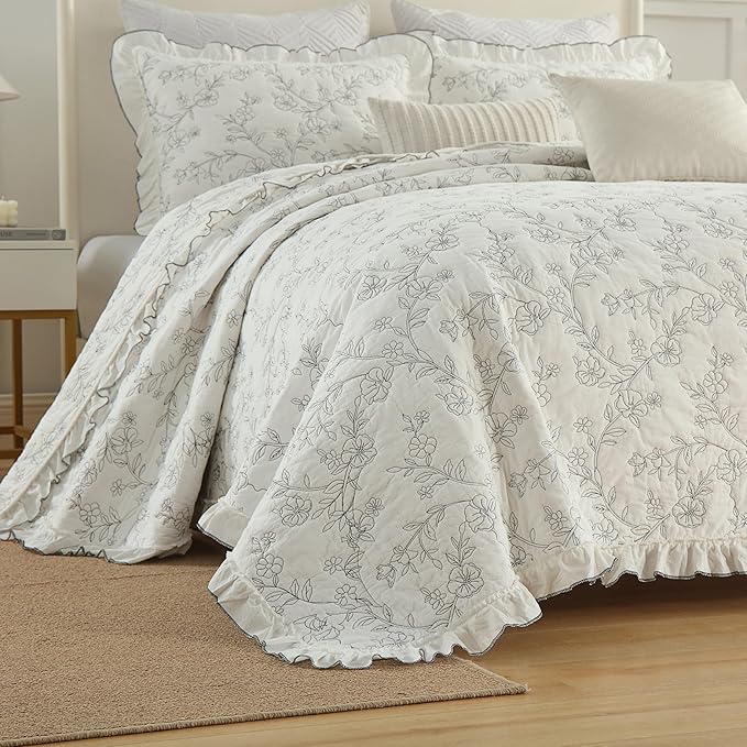 MarCielo 3-Piece 100% Cotton Bedspread Lightweight Quilt Coverlet Embroidery Farmhouse Bedding Set (Floral,King (106" X 98"))-Ruum Studio Home
