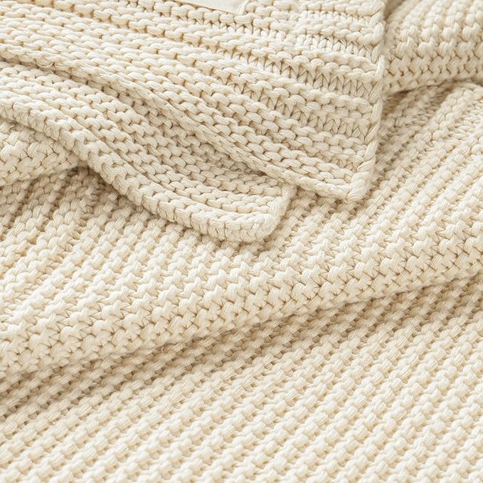 MakeMake Organics Organic Throw Blanket GOTS Certified Organic Cotton Blanket Chunky Knit Super Soft Cozy Fall Winter Large Adults Throw Blanket (50x60, Vanilla)-Ruum Studio Home