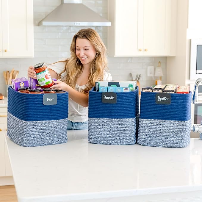 NaturalCozy 13x15x13 Kallax Storage Cubes Bins, 3 Pack | Cotton Rope Cube Storage Bin Woven Baskets for Organizing | Kallax Insert Storage Baskets for Shelves Organizer, Kids Toy, Closet Baby Nursery-Ruum Studio Home