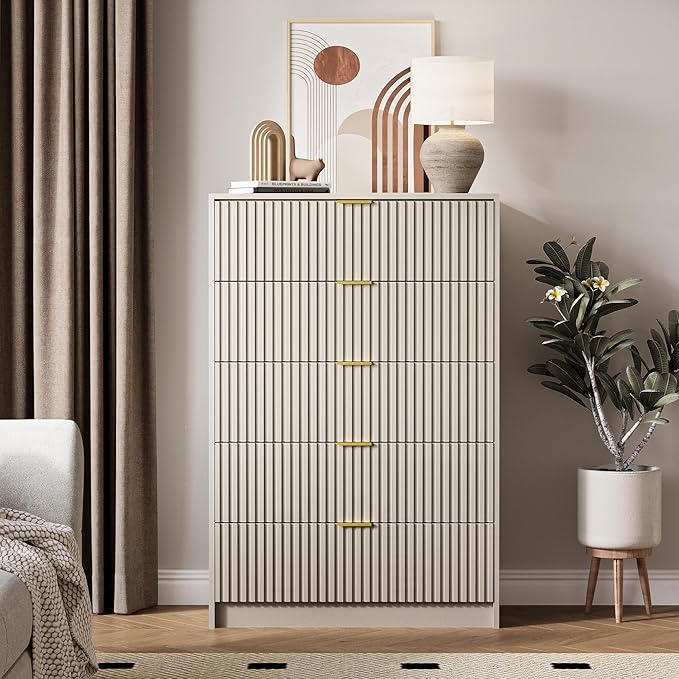 5 Drawer Dresser for Bedroom, Tall Dresser Chest of Drawers with Gold Handles, 32 Inch Wide Nightstand with for Bedroom, Living Rooms, Offices, and Entryways, Beige-Ruum Studio Home