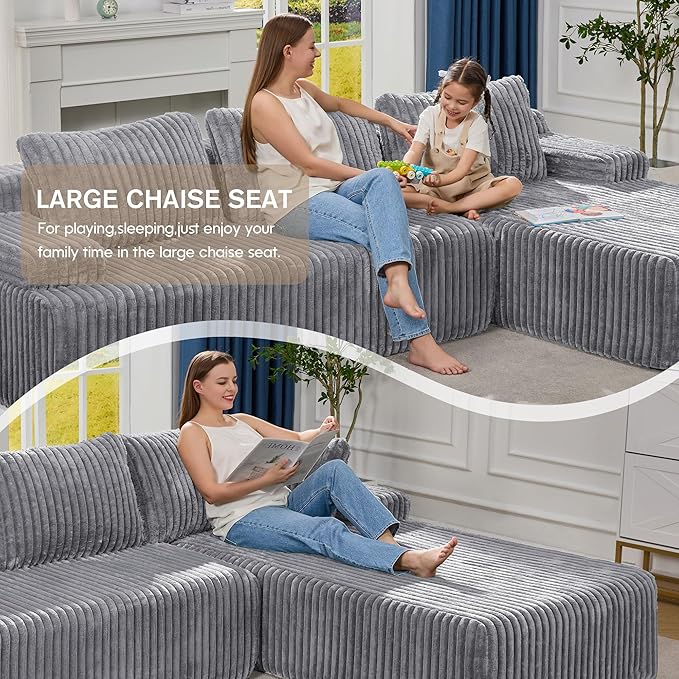 Hobestluk Modular Sectional Sofa Couches 108" L-Shape Couch 3 Seat Modular Sofa Memory Foam Sectional Couches for Living Room, Boneless Couch with Oversized Chaise (Light Grey, Right Facing)-Ruum Studio Home