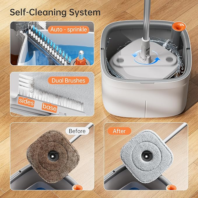 KZKR Spin Mop and Bucket Set with Self Separation Dirty and Clean Water System, Self Wringing 360° Rotating Square Mop Head for Home Floors Cleaning (1.0 Mop and Bucket Set (4 Pads))-Ruum Studio Home