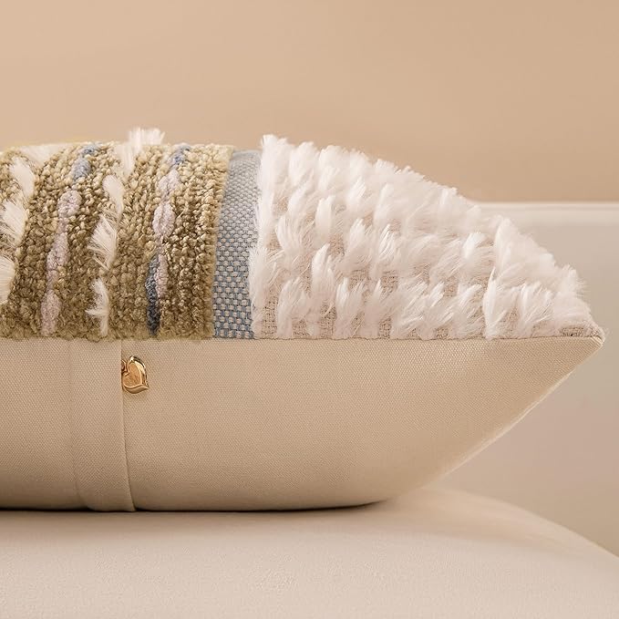 Boho Chenille Tufted Couch Throw Pillow Covers 18x18 Inch Set of 2 Farmhouse Striped Decorative Pillow Covers Accent Neutral Pillowcase Brown Cushion Cover for Living Room Sofa Bed-Ruum Studio Home