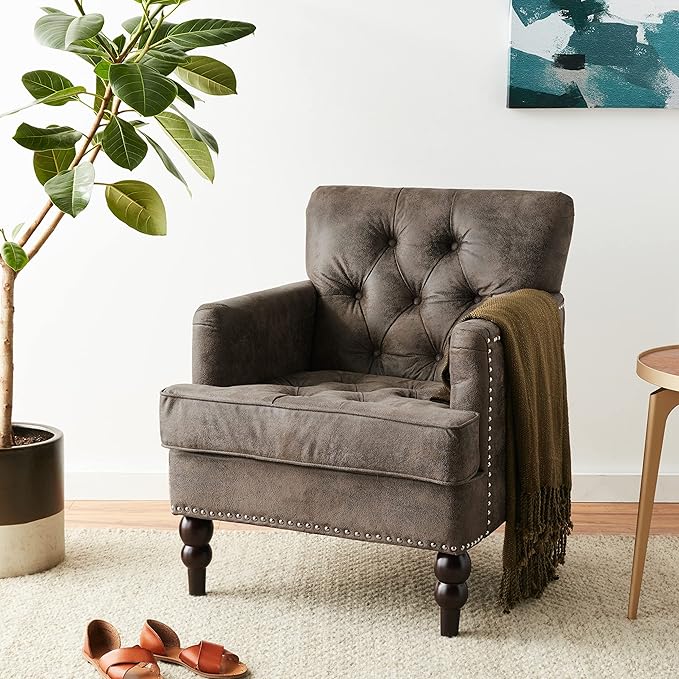 Christopher Knight Home GDFStudio Medford Brown Tufted Club Chair, Fabric Accent Chair with Studded Nailhead Accents-Ruum Studio Home