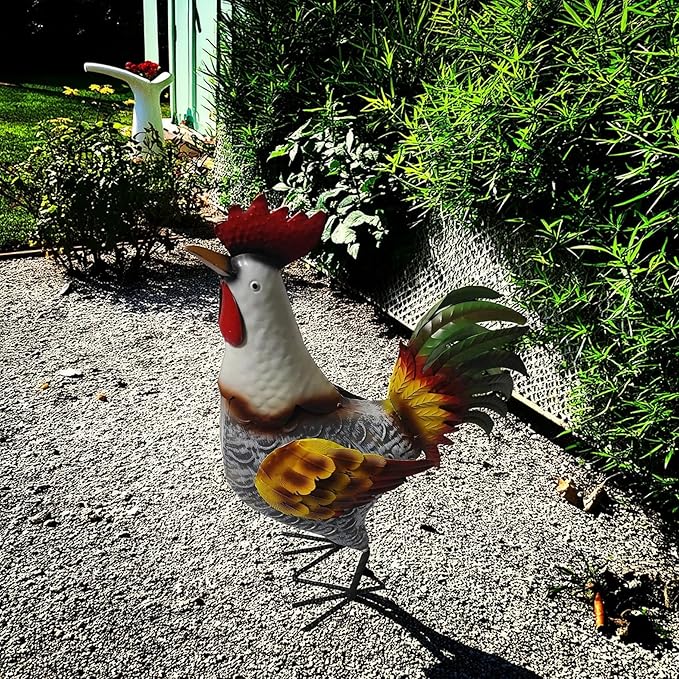 Metal Rooster Statue, Garden Outdoor Decor, Red and Gold Feathers, Weather Resistant, Metal Chicken Yard Art Sculpture, Iron Garden Animal Statue-Ruum Studio Home