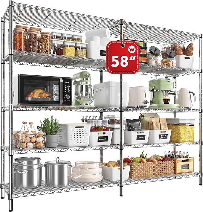 REIBII 58" W 5 Tier Heavy Duty Wire Shelving Unit with Adjustable Shelves - 1400LB Metal, Chrome - 58" W x 59" H x 13.8" D - Garage, Pantry, Kitchen-Ruum Studio Home