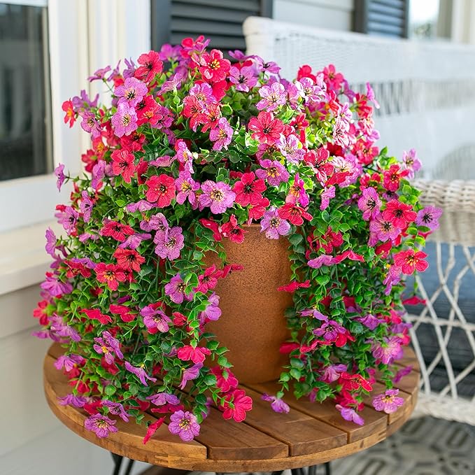 Artificial Faux Hanging Flowers Plants for Outdoor Decor, 2 PCS Outside Fake Silk Violets with Eucalyptus UV Resistant Realistic Daisy Trailing Vines for Planter Balcony Porch Patio Yard, Purplepink-Ruum Studio Home
