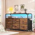 TV Stand for Bedroom with LED Lights & Charging Station, 7 Drawer with Open Shelf, Media Console for Living Room & Chest of Drawers for Closet, Entryway, Hallway, 4 Hooks, Rustic Brown-Ruum Studio Home
