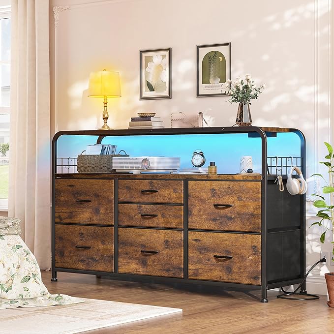 TV Stand for Bedroom with LED Lights & Charging Station, 7 Drawer with Open Shelf, Media Console for Living Room & Chest of Drawers for Closet, Entryway, Hallway, 4 Hooks, Rustic Brown-Ruum Studio Home