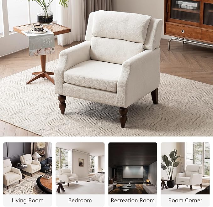 Kidol & Shellder White Oversized Accent Chair for Living Room Mid Century Modern Reading Chair with Back Wide Upholstered Comfy Single Sofa Chair for Bedroom Lounge Side Corner Chair Fabric Armchair-Ruum Studio Home