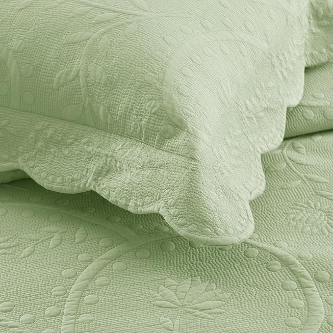 MarCielo 3-Piece 100% Cotton Oversized Bedspread Lightweight Quilt Coverlet Embroidery Farmhouse Bedding Set (TX Pale Green, Oversized Queen (100"x106"))-Ruum Studio Home